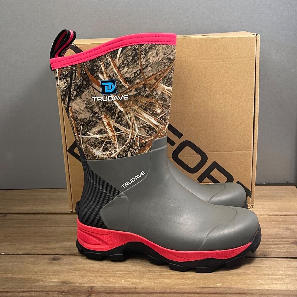 Trudave Women's Mid Calf Boots Size 6 Gray Pink Camo Waterproof Work Garden Mud